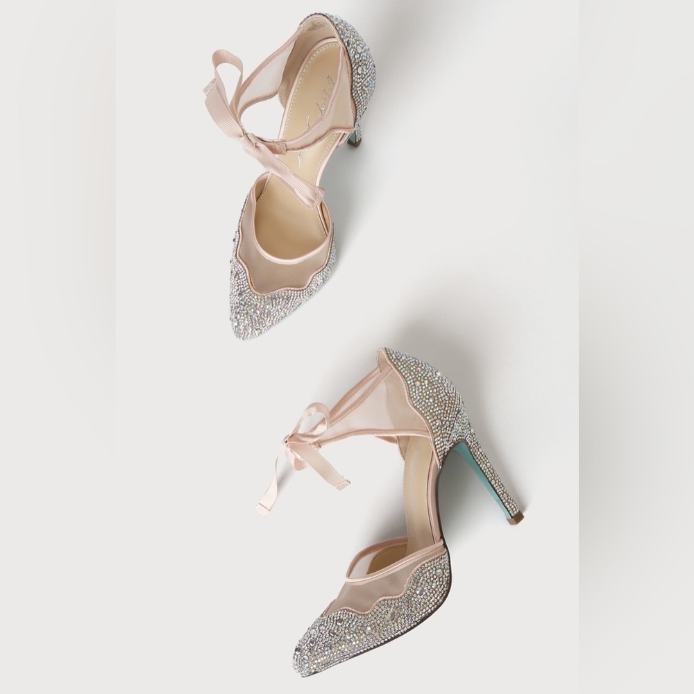 Betsey Johnson Iris Champagne Rhinestone Ankle Strap Stiletto Heels Pumps New - Picture 4 of 14